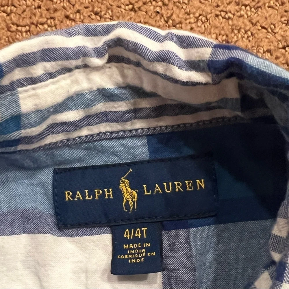 Ralph Lauren Boys Blue & White Plaid Collared Button Down Shirt Size 4/4T